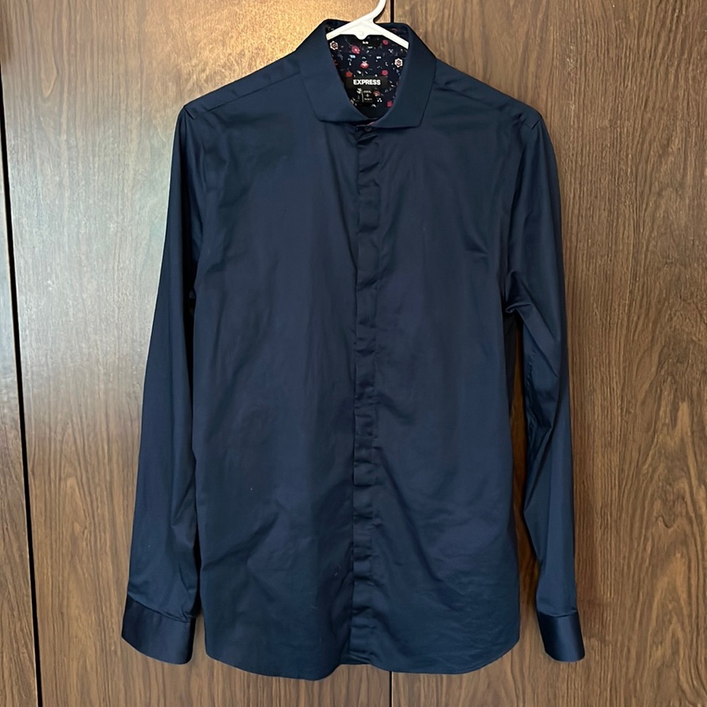 Express button down, mens small slim fit, navy with floral accent collar/cuffs